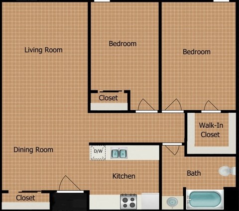 Floor plan for 2 beds, 1 bath, 896 sqft